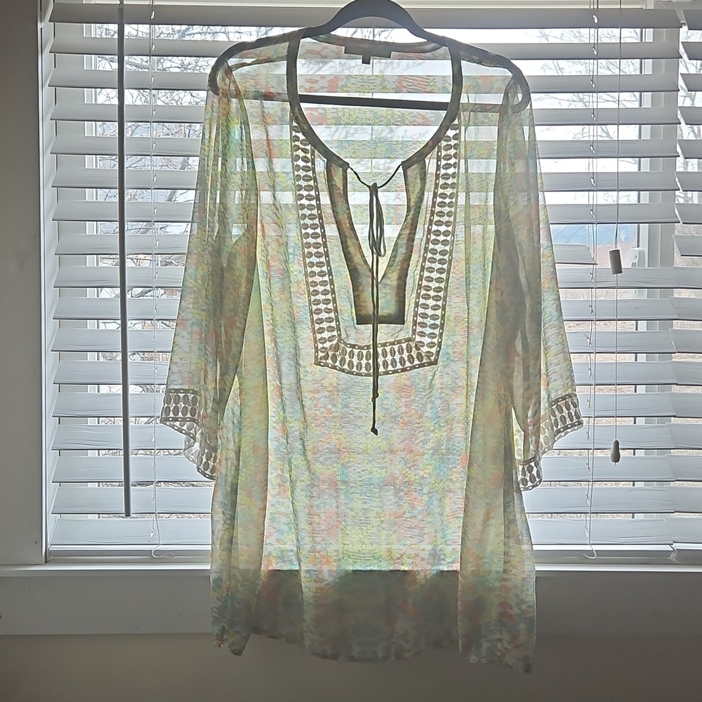 Daniel Rainn Sheer Abstract Print Peasant Boho Tunic Coverup Top 1X - Picture 6 of 14